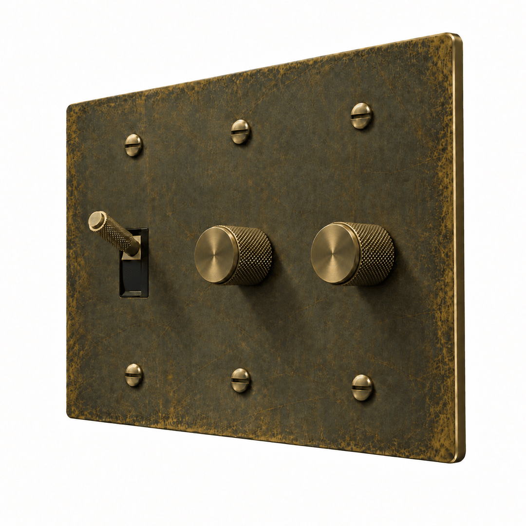 PlatePrestige 3-Gang Brass Knurled Toggle Light Switch & 2 Dimmers in antique bronze with matching bronze controls and screws