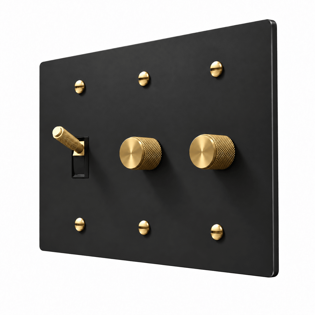 PlatePrestige 3-Gang Brass Knurled Toggle Light Switch & 2 Dimmers in Black / Brass