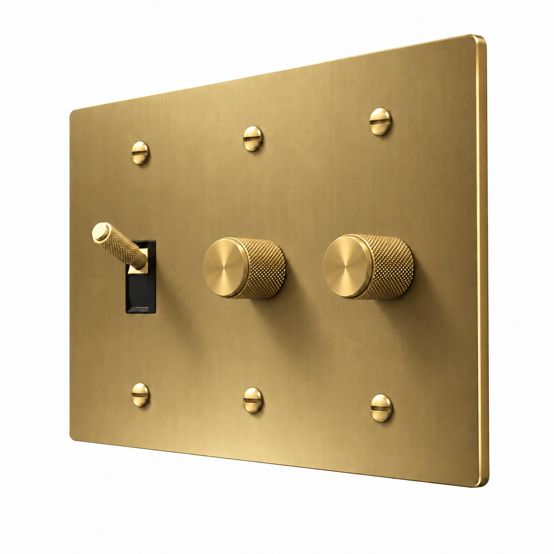 PlatePrestige 3-Gang Brass Knurled Toggle Light Switch & 2 Dimmers in Brass