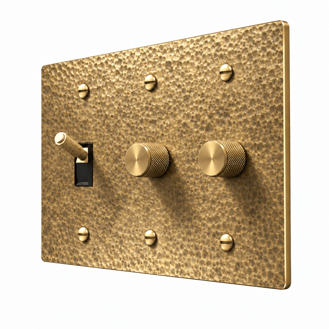PlatePrestige 3-Gang Brass Knurled Toggle Light Switch & 2 Dimmers in Hammered Antique Brass