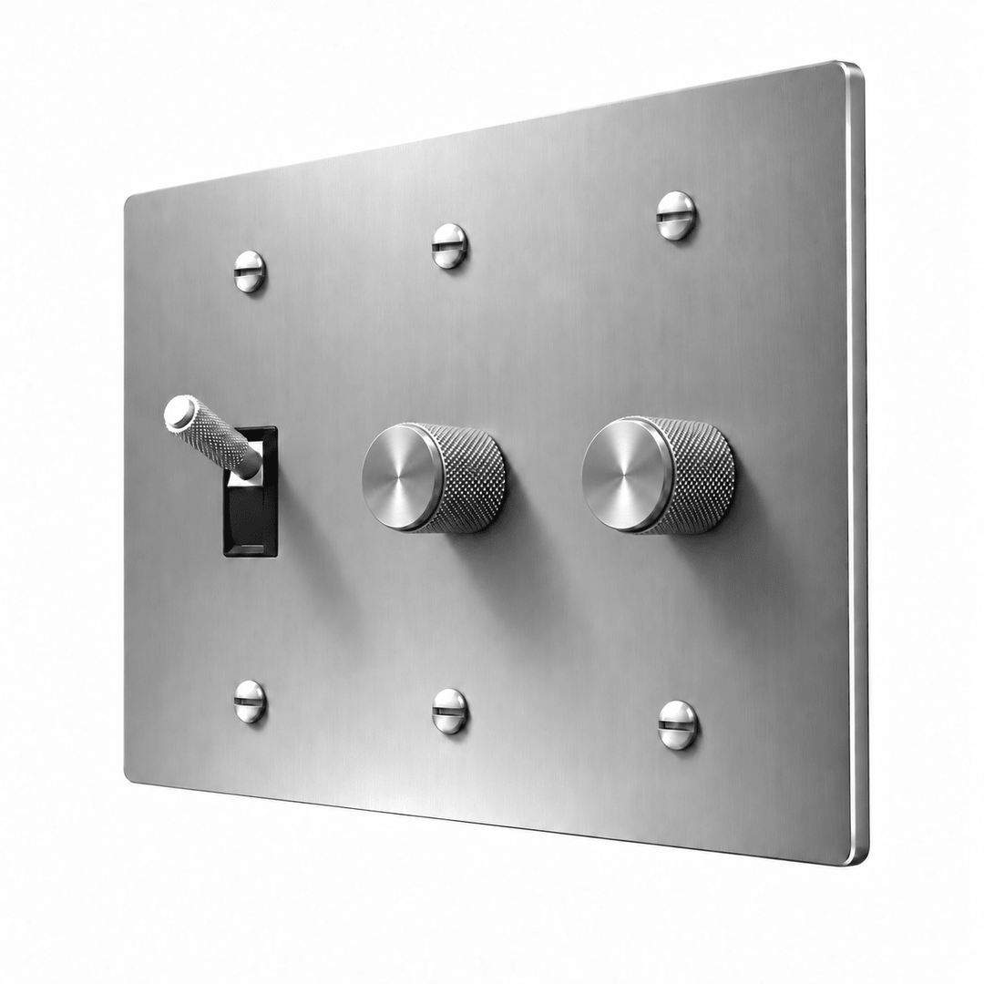 PlatePrestige 3-Gang Brass Knurled Toggle Light Switch & 2 Dimmers in Stainless Steel