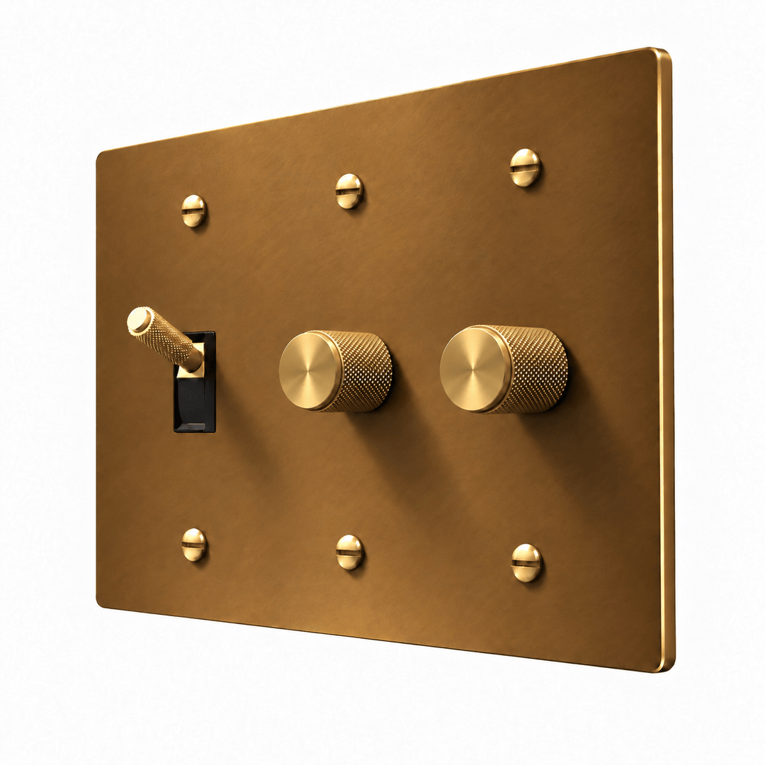 PlatePrestige 3-Gang Brass Knurled Toggle Light Switch & 2 Dimmers in Unlacquered Aged brass