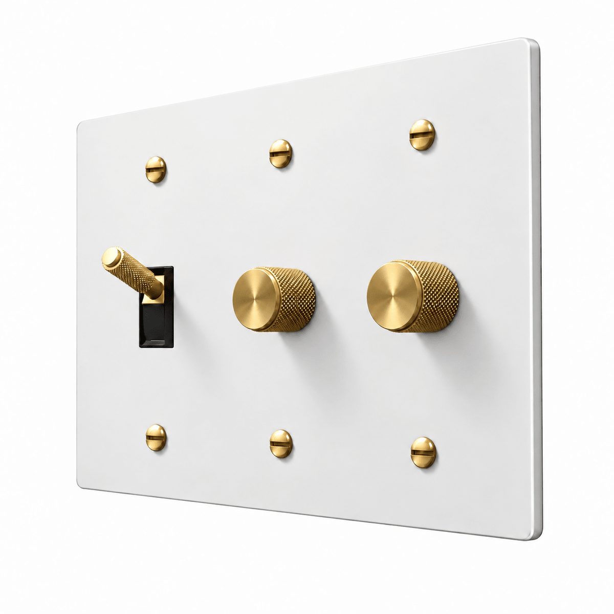 PlatePrestige 3-Gang Brass Knurled Toggle Light Switch & 2 Dimmers in White / Brass