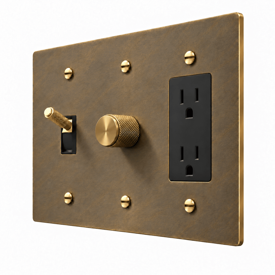 PlatePrestige 3-Gang Brass Knurled Toggle Light Switch, Dimmer & Outlet in Aged Brass