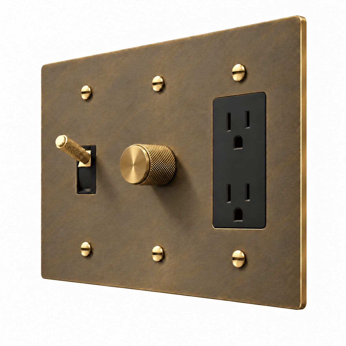 PlatePrestige 3-Gang Brass Knurled Toggle Light Switch, Dimmer & Outlet in Aged Brass
