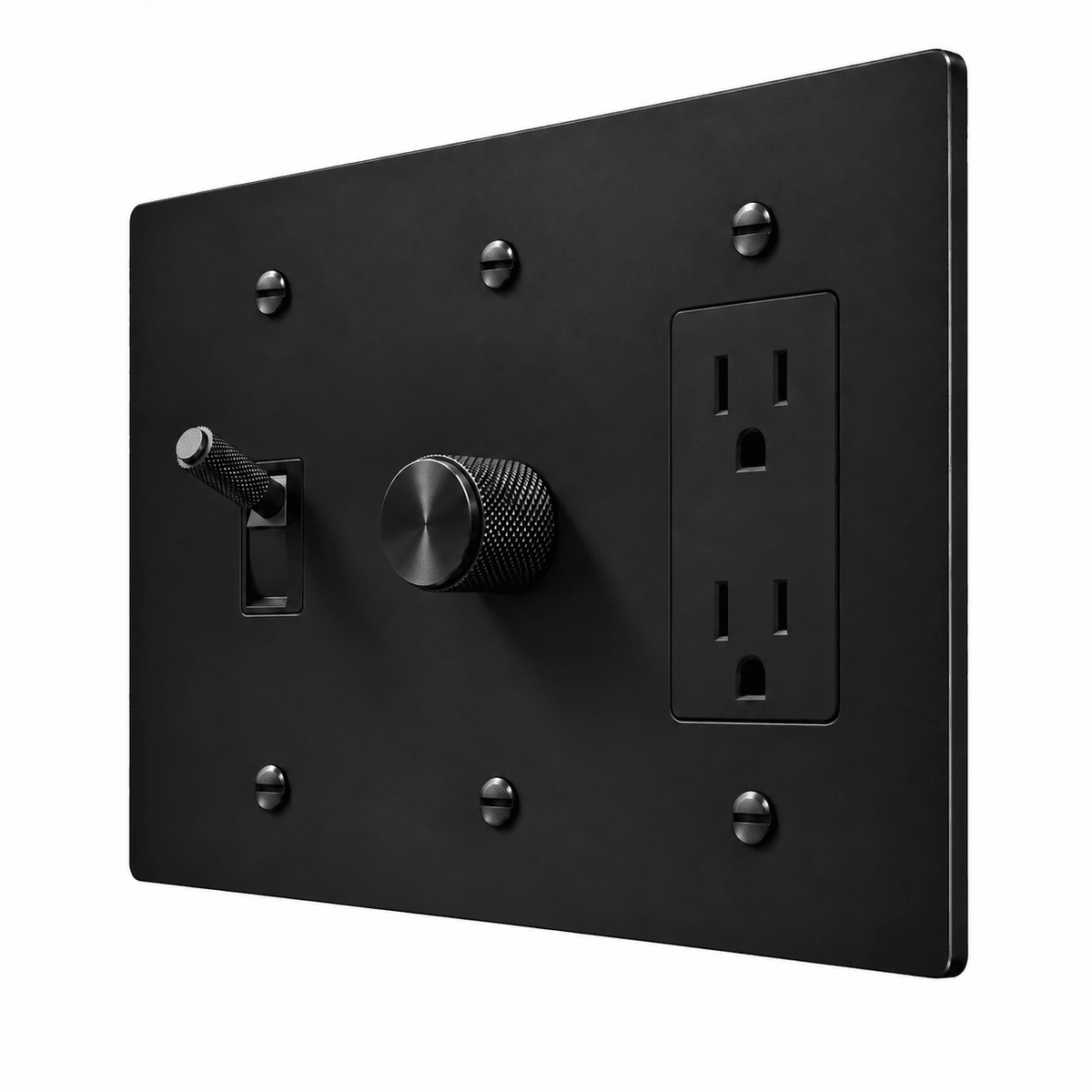PlatePrestige 3-Gang Brass Knurled Toggle Light Switch, Dimmer & Outlet in All-Black