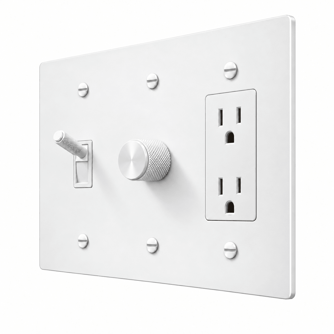 PlatePrestige 3-Gang Brass Knurled Toggle Light Switch, Dimmer & Outlet in All-White