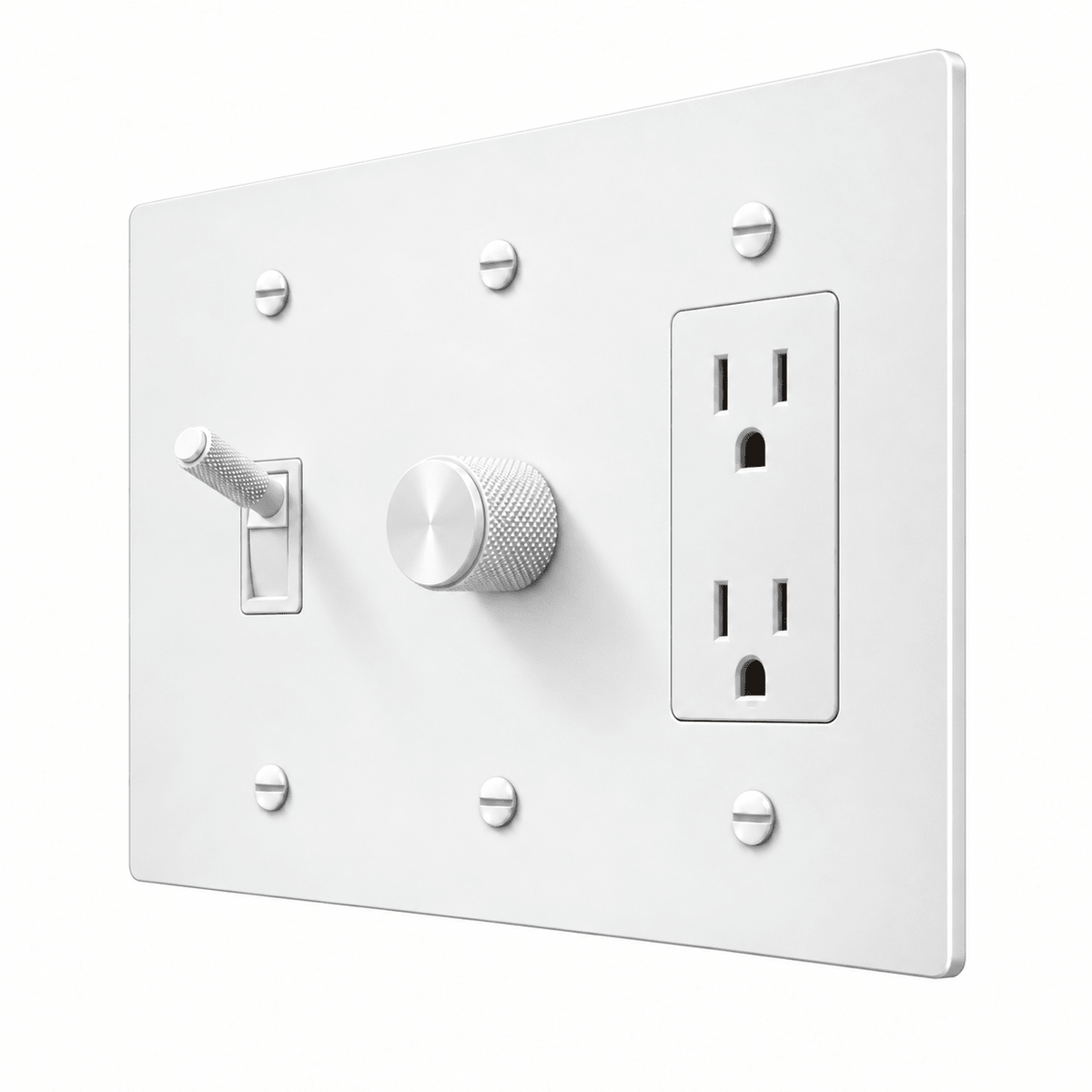 PlatePrestige 3-Gang Brass Knurled Toggle Light Switch, Dimmer & Outlet in All-White