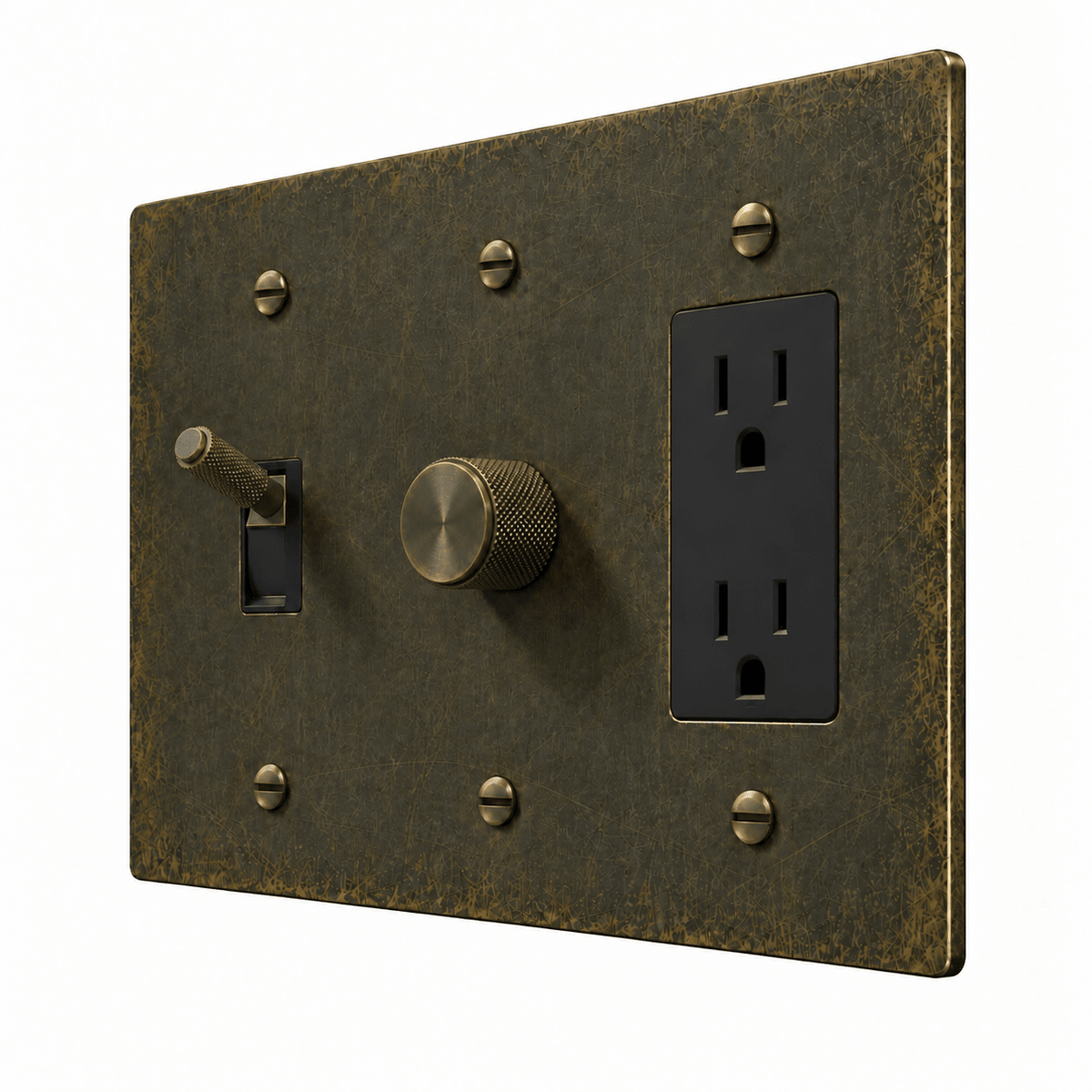 PlatePrestige 3-Gang Brass Knurled Toggle Light Switch, Dimmer & Outlet in antique bronze with matching bronze controls and screws