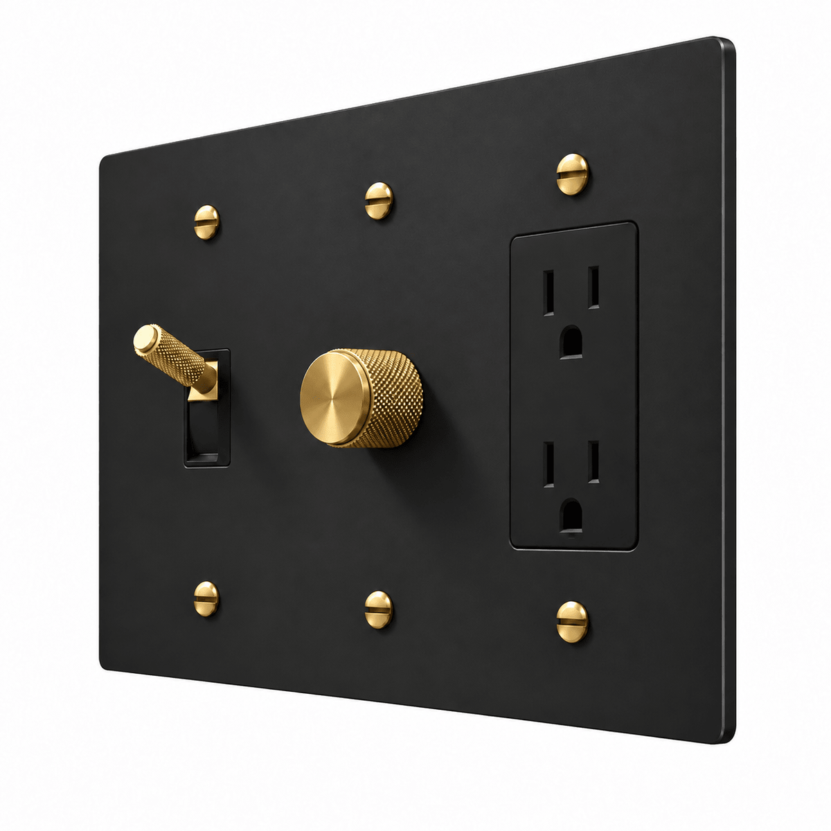 PlatePrestige 3-Gang Brass Knurled Toggle Light Switch, Dimmer & Outlet in Black / Brass