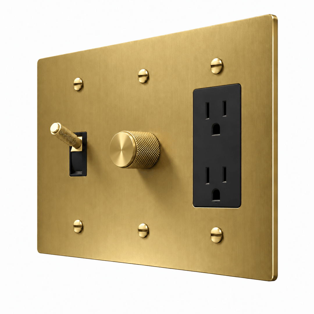PlatePrestige 3-Gang Brass Knurled Toggle Light Switch, Dimmer & Outlet in Brass