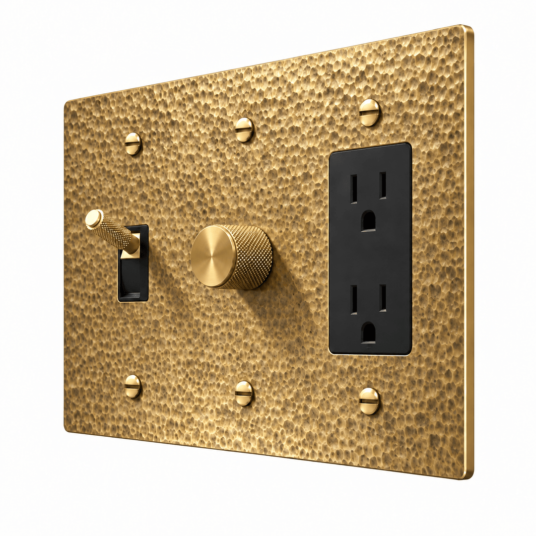 PlatePrestige 3-Gang Brass Knurled Toggle Light Switch, Dimmer & Outlet in Hammered Antique Brass