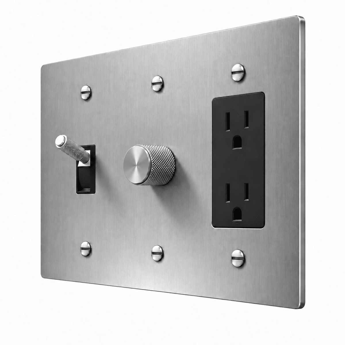 PlatePrestige 3-Gang Brass Knurled Toggle Light Switch, Dimmer & Outlet in Stainless Steel