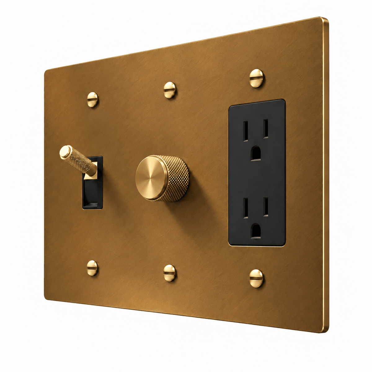 PlatePrestige 3-Gang Brass Knurled Toggle Light Switch, Dimmer & Outlet in Unlacquered Aged brass