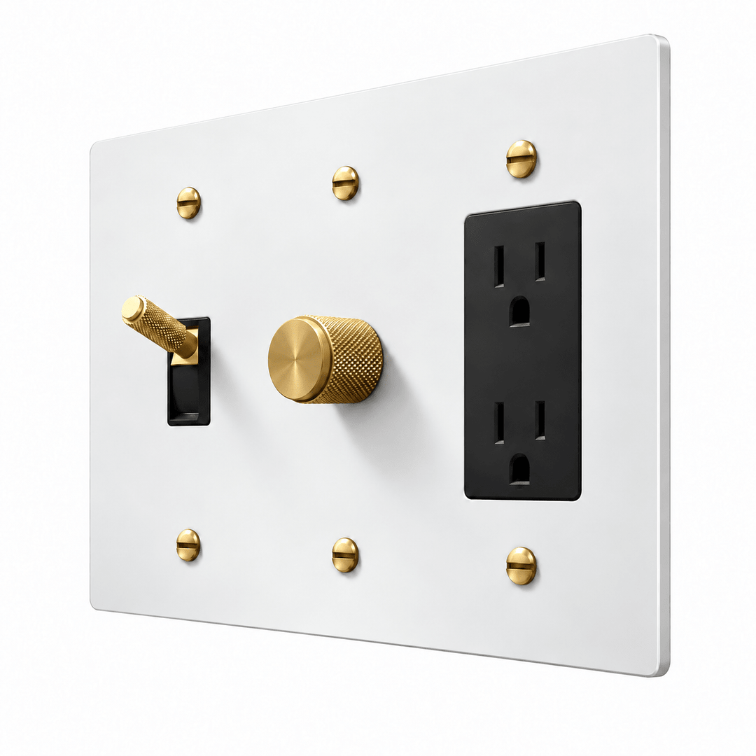 PlatePrestige 3-Gang Brass Knurled Toggle Light Switch, Dimmer & Outlet in White / Brass