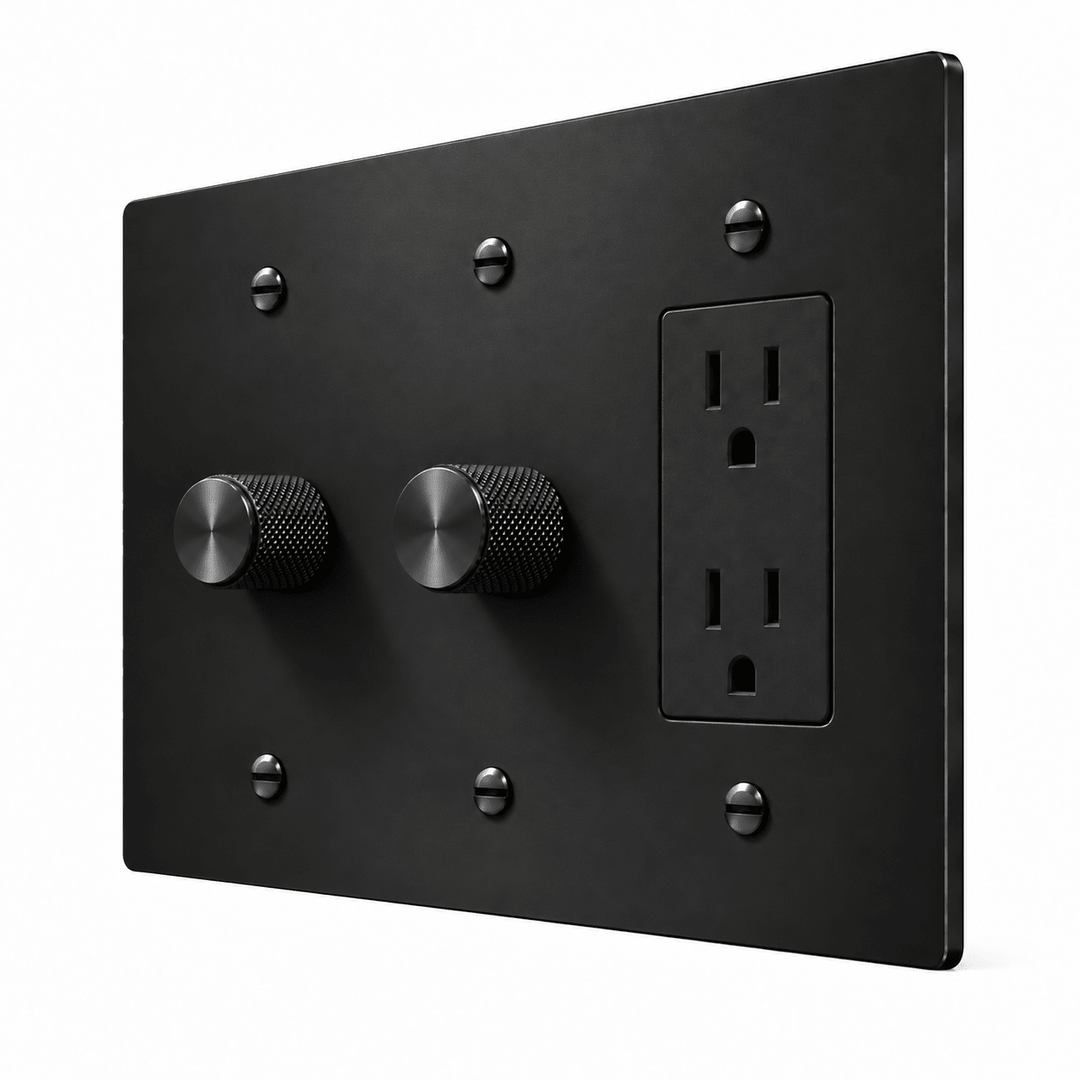 PlatePrestige 3-Gang 2 Dimmers & Duplex Outlet in All-Black