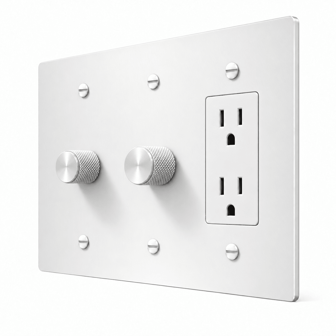 PlatePrestige 3-Gang 2 Dimmers & Duplex Outlet in All-White
