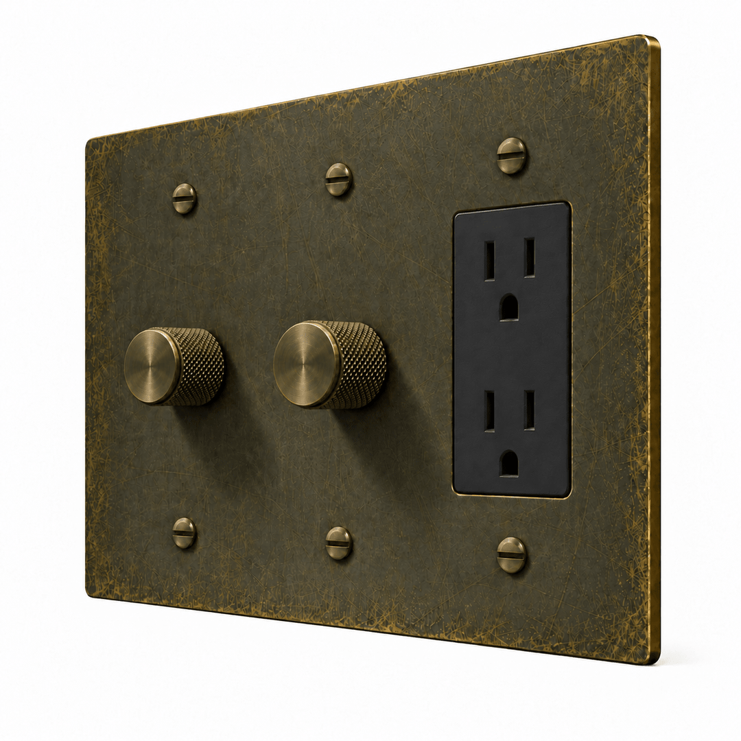 PlatePrestige 3-Gang 2 Dimmers & Duplex Outlet in antique bronze with matching bronze controls and screws