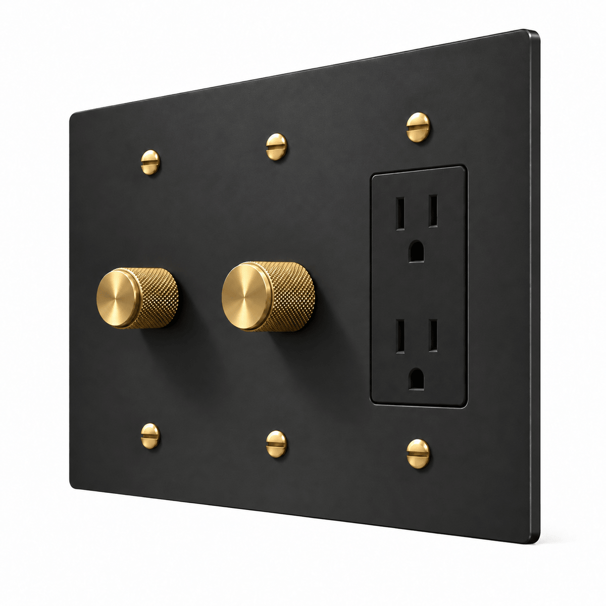 PlatePrestige 3-Gang 2 Dimmers & Duplex Outlet in Black / Brass