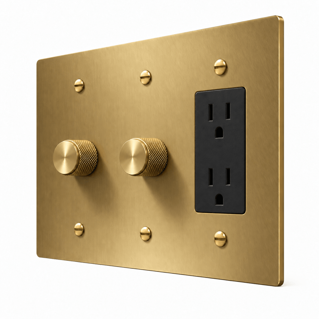 PlatePrestige 3-Gang 2 Dimmers & Duplex Outlet in Brass
