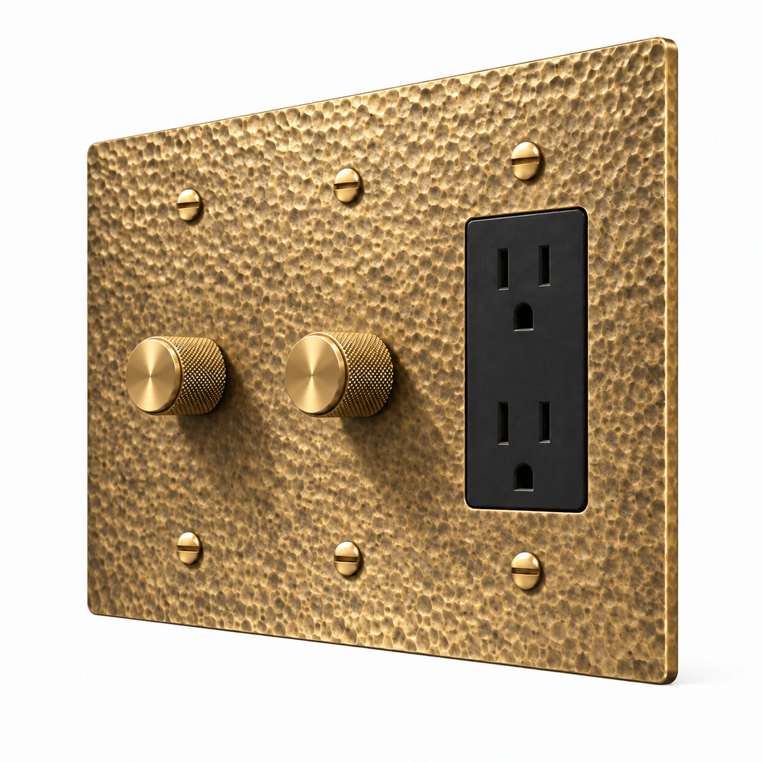 PlatePrestige 3-Gang 2 Dimmers & Duplex Outlet in Hammered Antique Brass