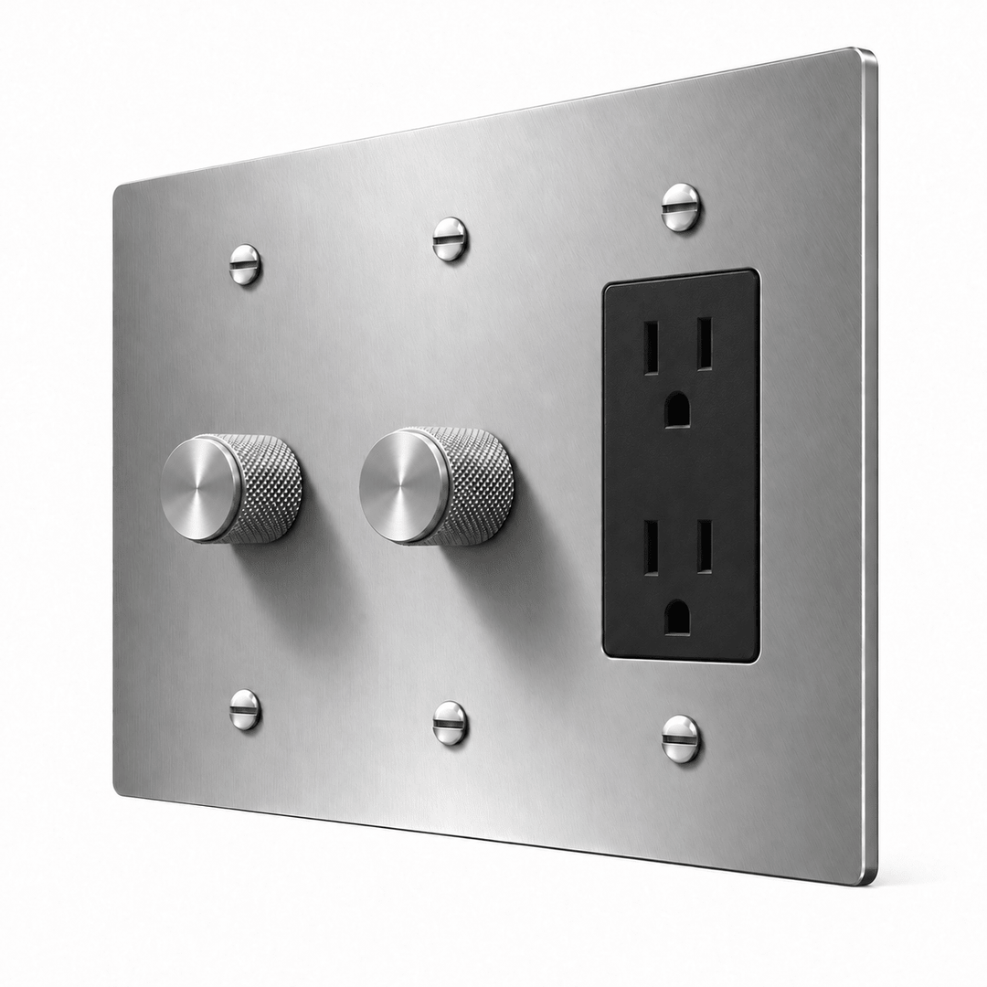 PlatePrestige 3-Gang 2 Dimmers & Duplex Outlet in Stainless Steel