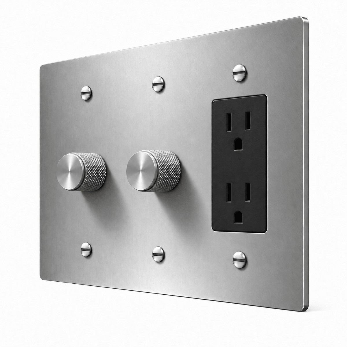 PlatePrestige 3-Gang 2 Dimmers & Duplex Outlet in Stainless Steel