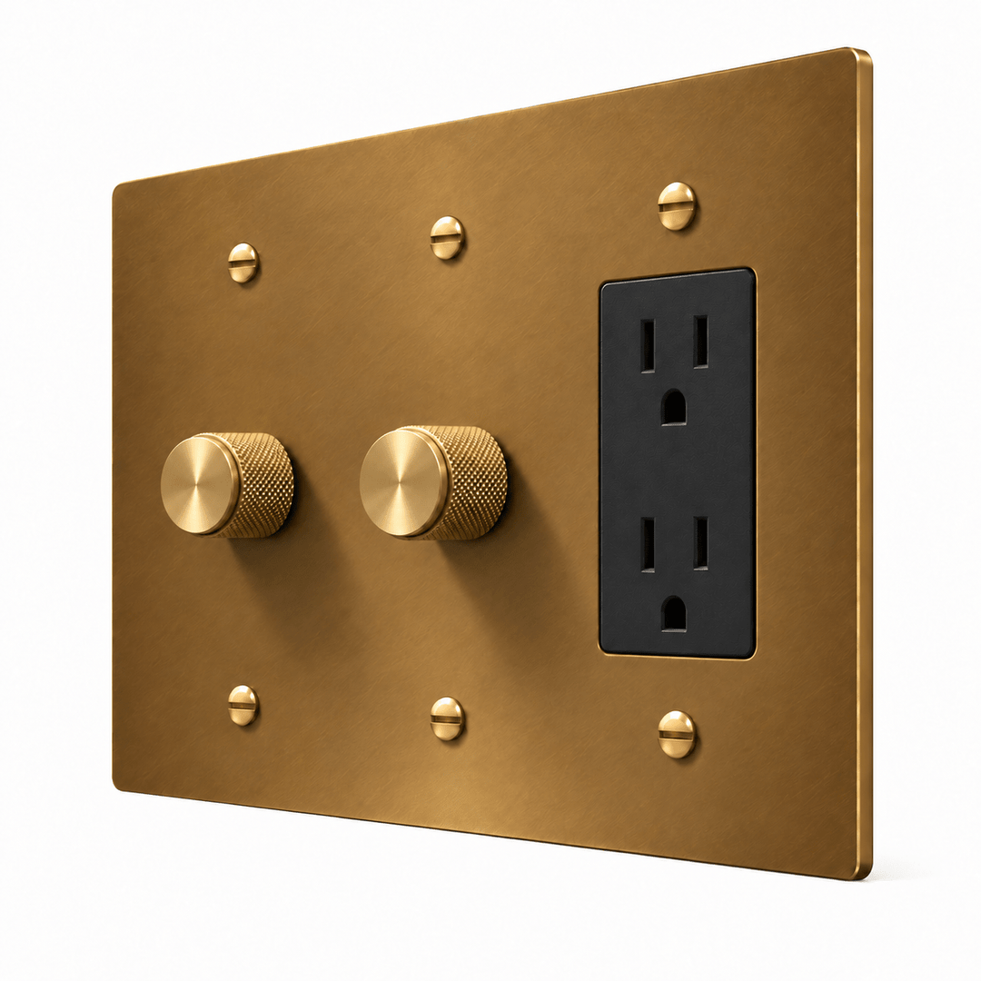 PlatePrestige 3-Gang 2 Dimmers & Duplex Outlet in Unlacquered Aged brass
