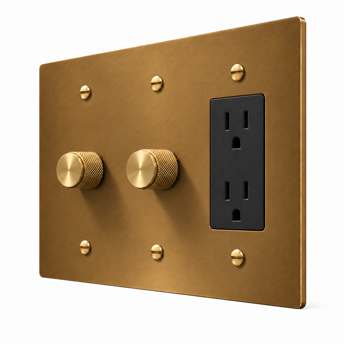 PlatePrestige 3-Gang 2 Dimmers & Duplex Outlet in Unlacquered Aged brass