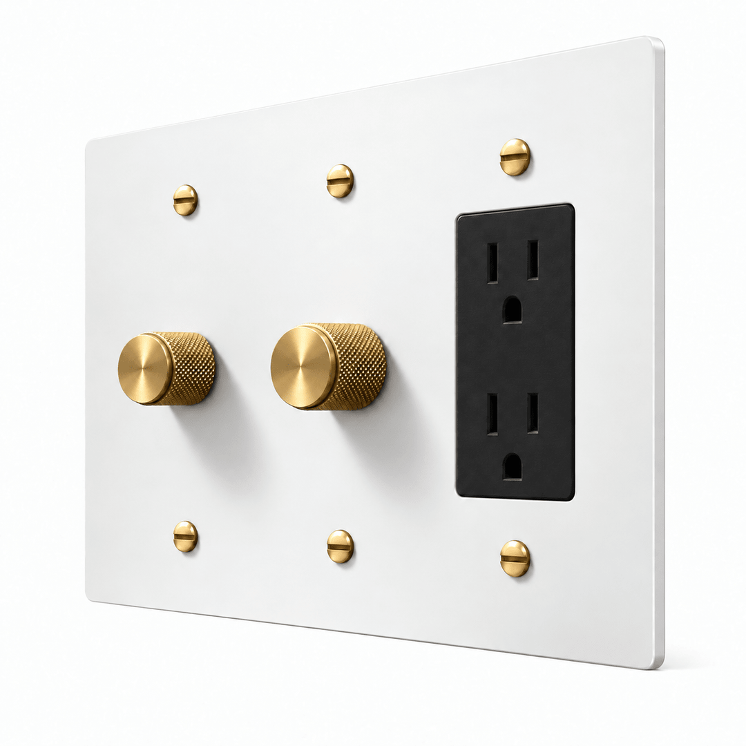PlatePrestige 3-Gang 2 Dimmers & Duplex Outlet in White / Brass