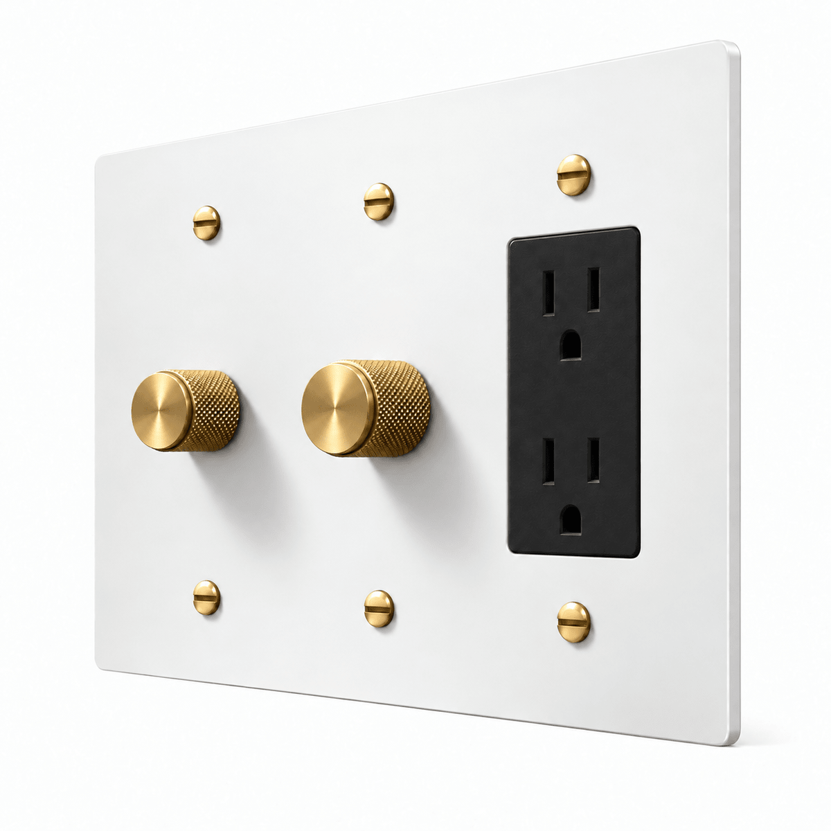 PlatePrestige 3-Gang 2 Dimmers & Duplex Outlet in White / Brass