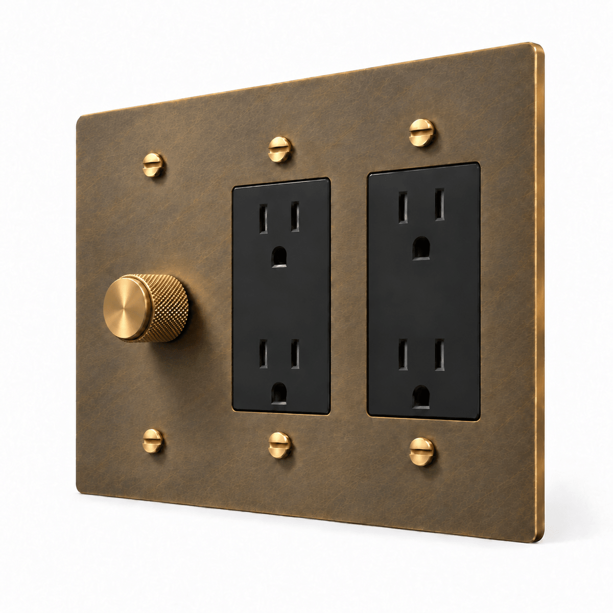 Aged Brass 3-Gang Dimmer & 2 Duplex Outlets with brass controls and matching mounting screws