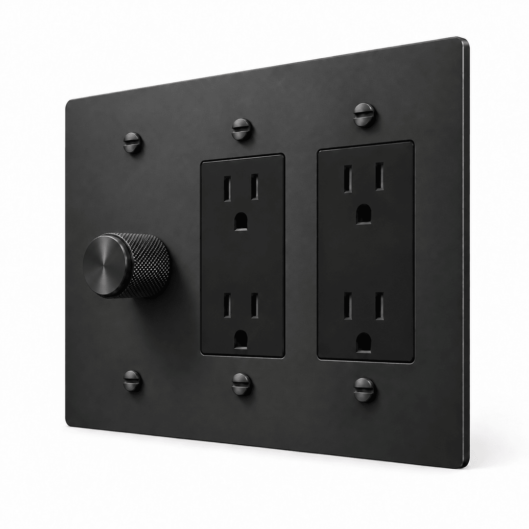 All-Black 3-Gang Dimmer & 2 Duplex Outlets with full black controls and matching mounting screws