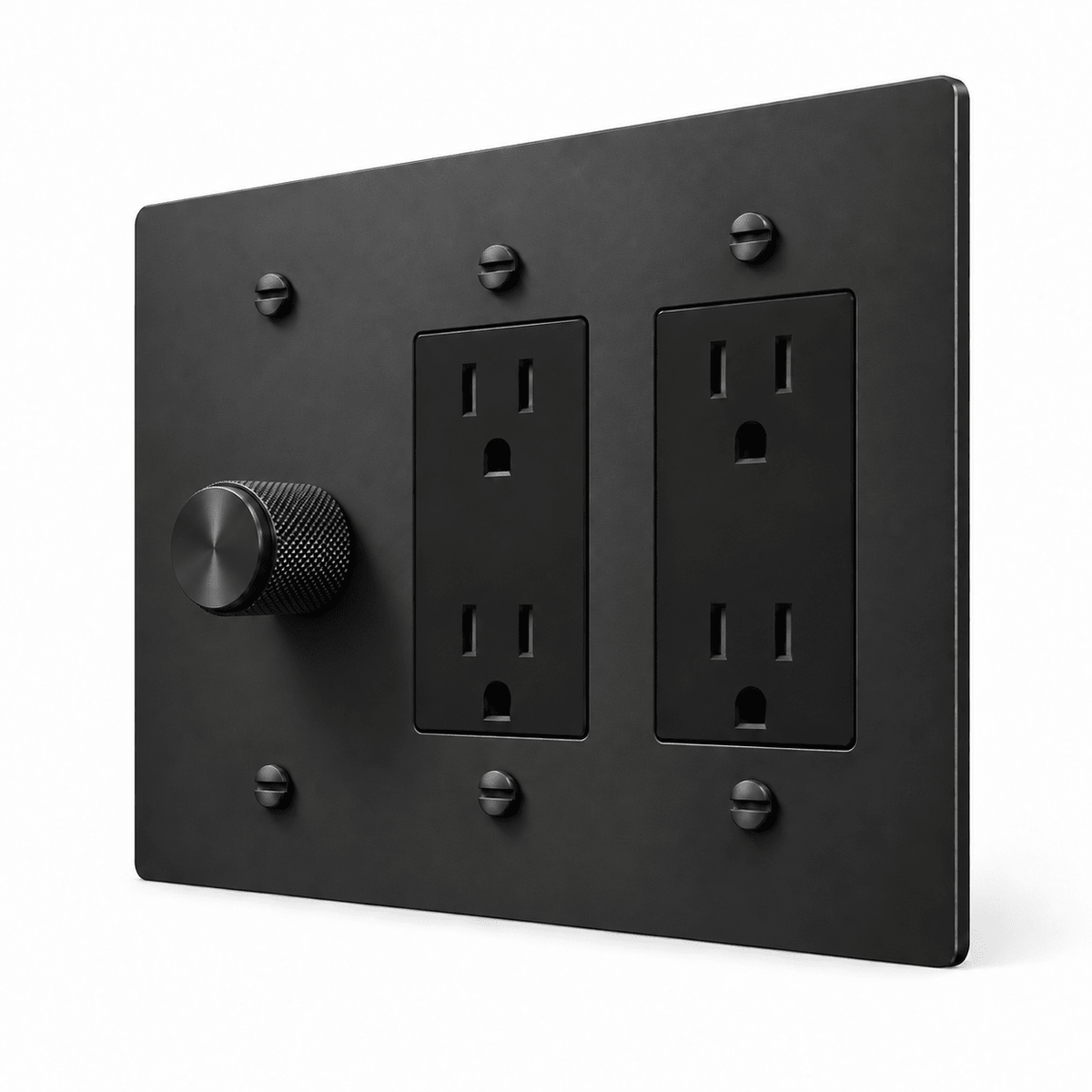 All-Black 3-Gang Dimmer & 2 Duplex Outlets with full black controls and matching mounting screws