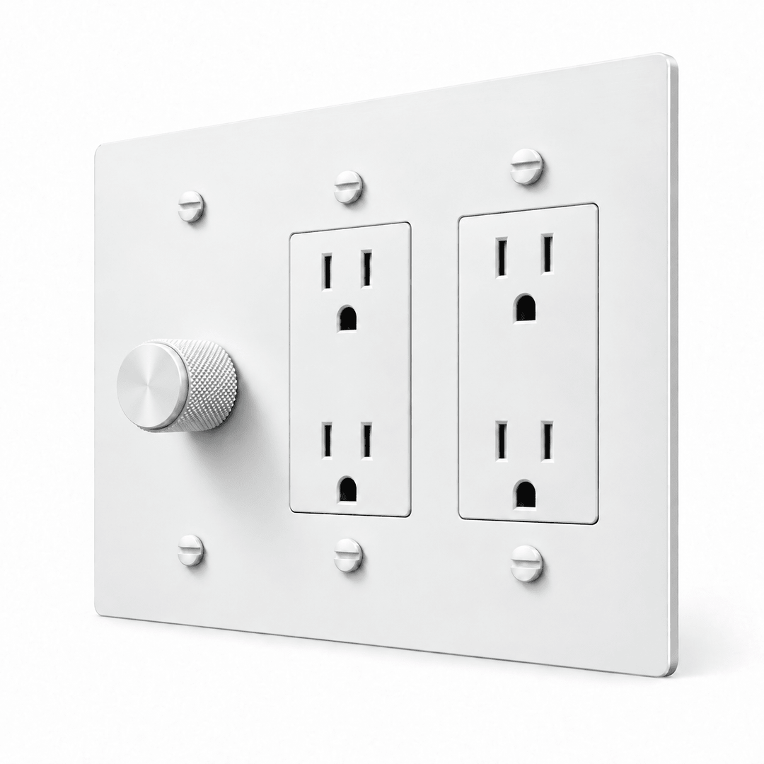 All-White 3-Gang Dimmer & 2 Duplex Outlets with white controls and matching mounting screws