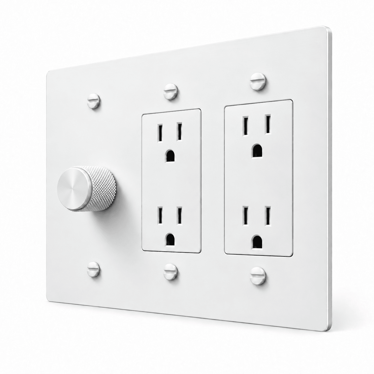 All-White 3-Gang Dimmer & 2 Duplex Outlets with white controls and matching mounting screws
