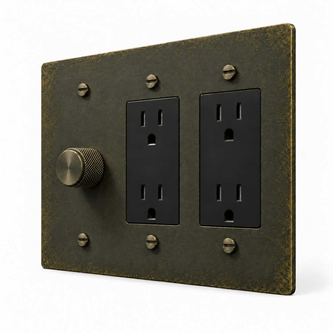 PlatePrestige 3-gang dimmer and two duplex outlets in antique bronze with matching bronze cross-knurled knob and screws