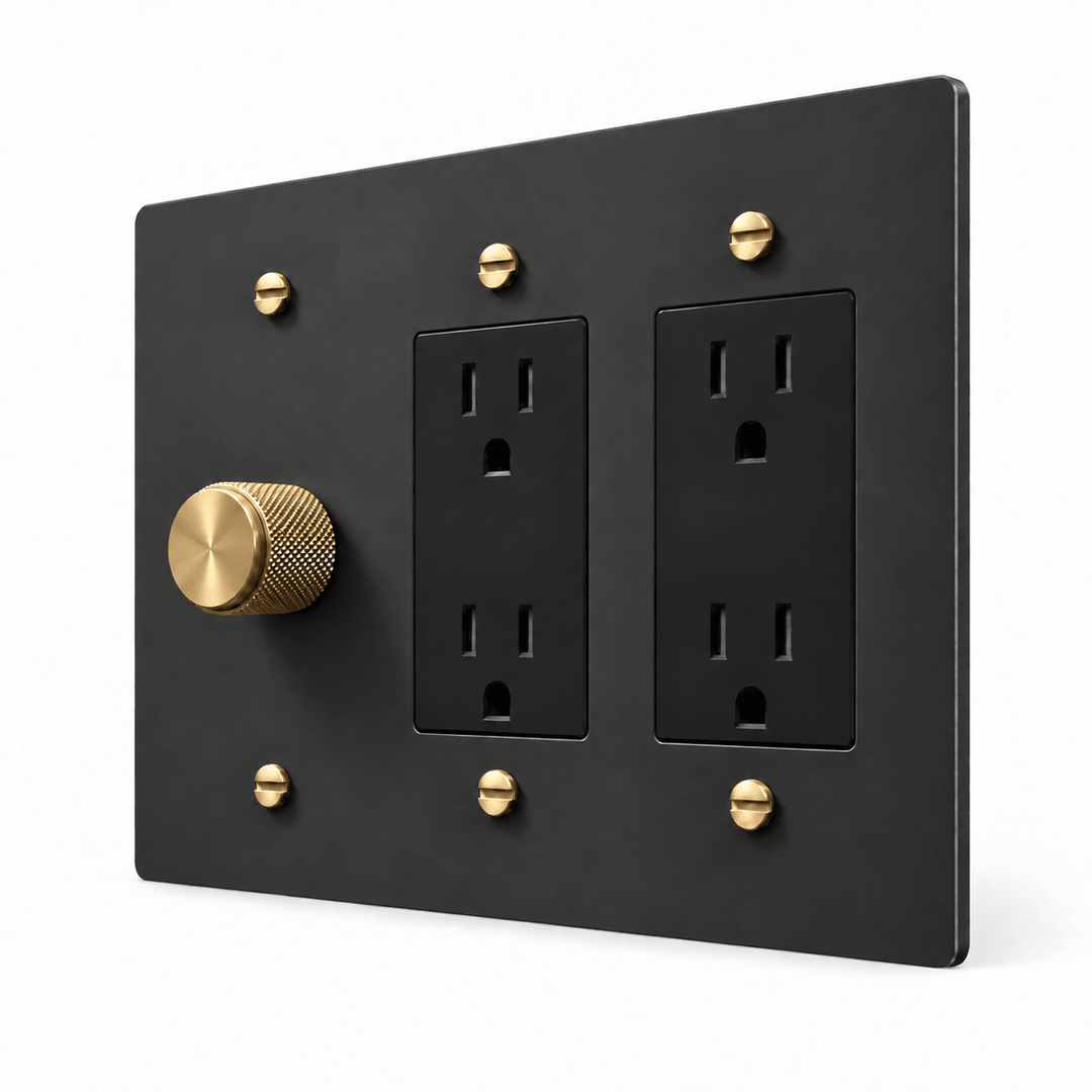Black / Brass 3-Gang Dimmer & 2 Duplex Outlets with brass controls and matching mounting screws