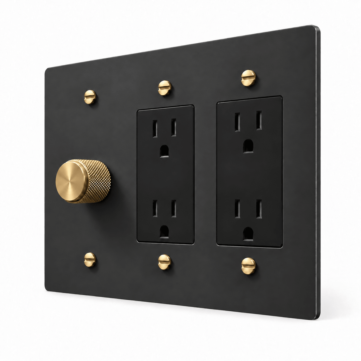 Black / Brass 3-Gang Dimmer & 2 Duplex Outlets with brass controls and matching mounting screws