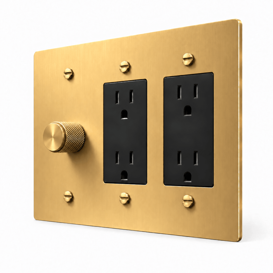 Brass 3-Gang Dimmer & 2 Duplex Outlets with brass controls and matching mounting screws