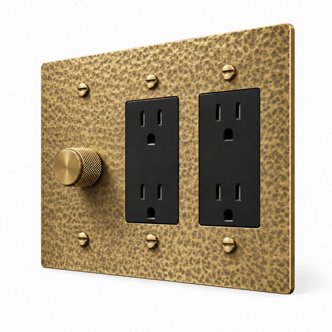 Hammered Antique Brass 3-Gang Dimmer & 2 Duplex Outlets with brass controls and matching mounting screws
