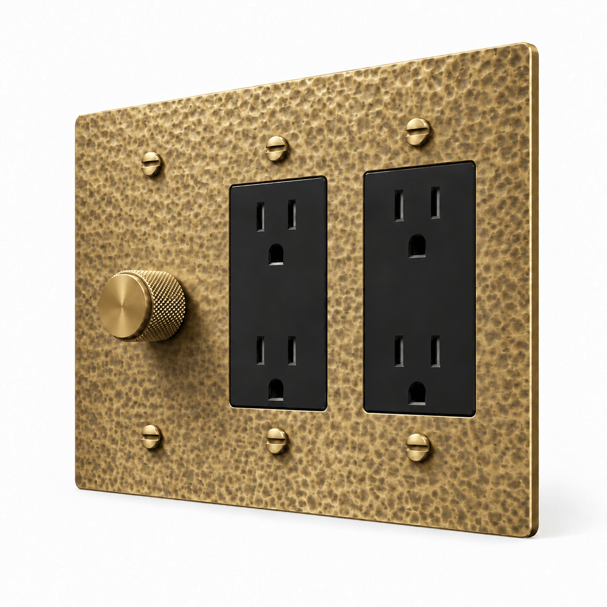 Hammered Antique Brass 3-Gang Dimmer & 2 Duplex Outlets with brass controls and matching mounting screws