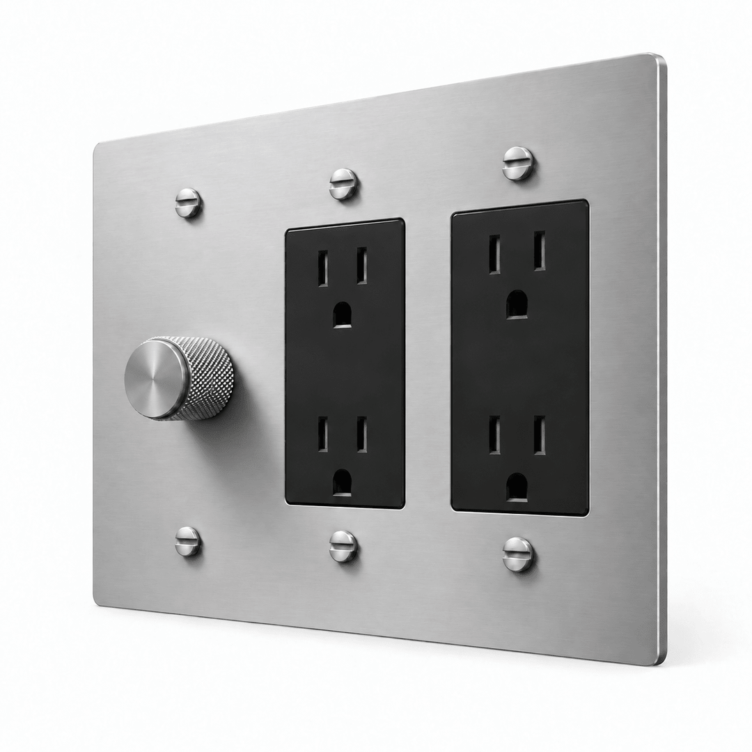 Stainless Steel 3-Gang Dimmer & 2 Duplex Outlets with stainless steel controls and matching mounting screws