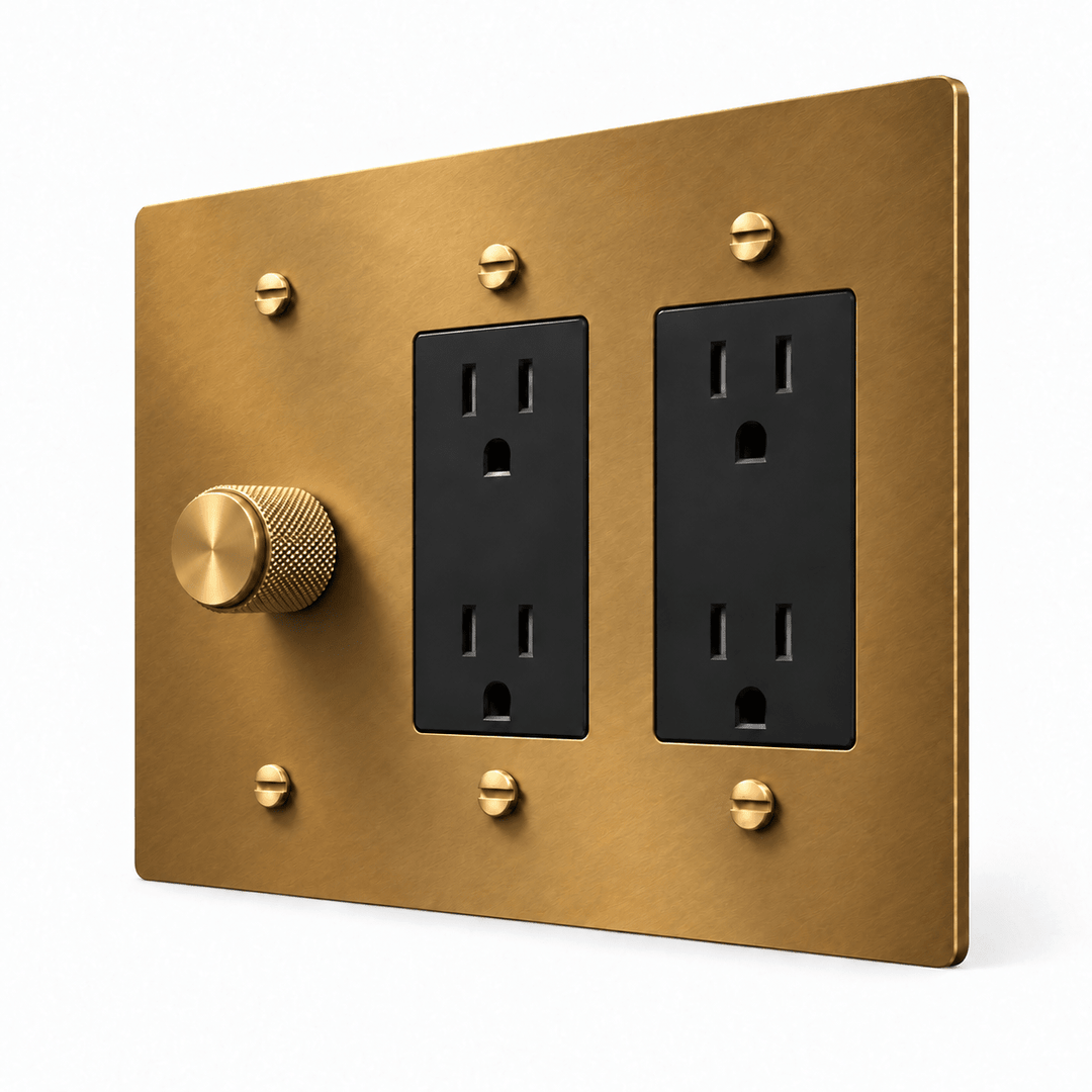 Unlacquered Aged brass 3-Gang Dimmer & 2 Duplex Outlets with brass controls and matching mounting screws