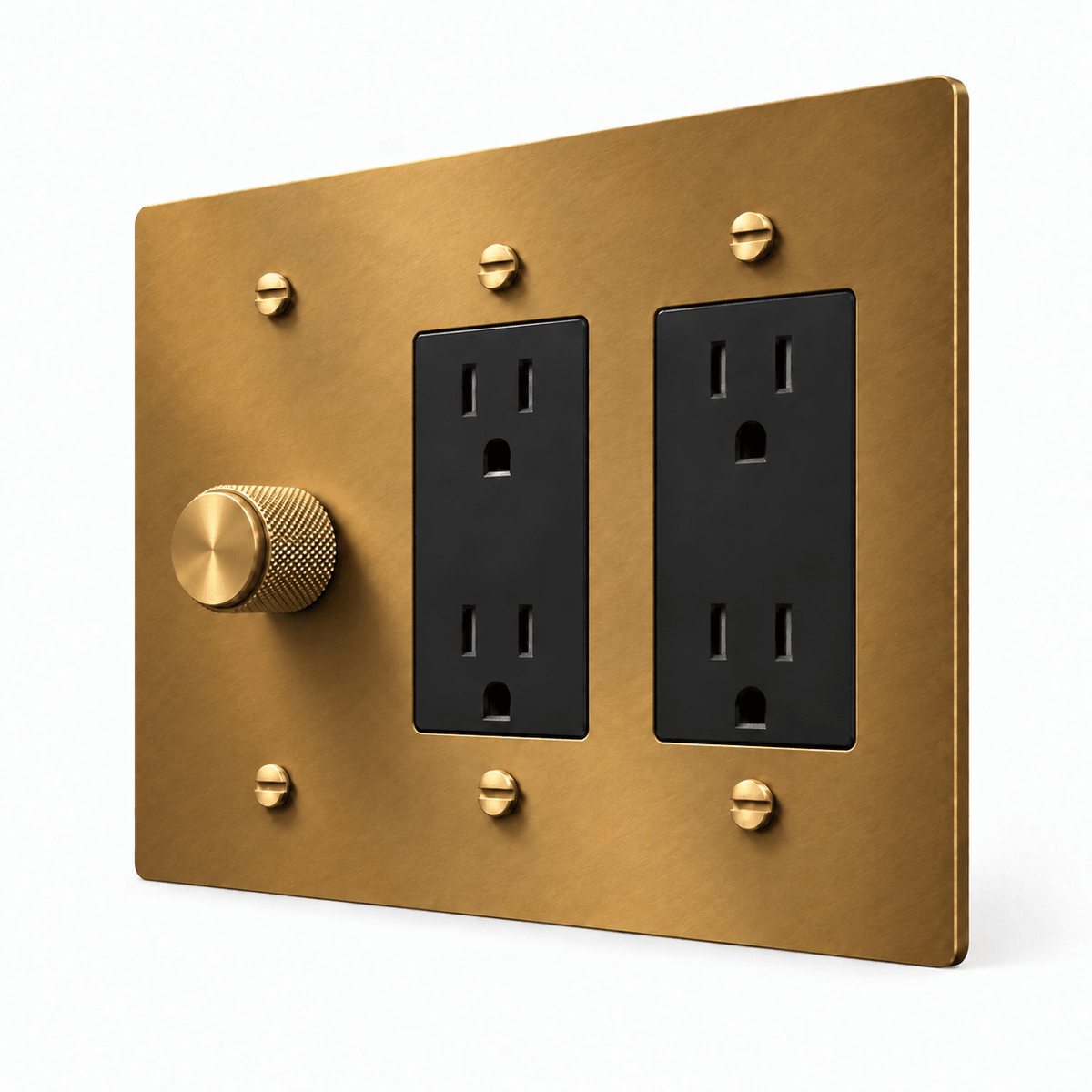 Unlacquered Aged brass 3-Gang Dimmer & 2 Duplex Outlets with brass controls and matching mounting screws