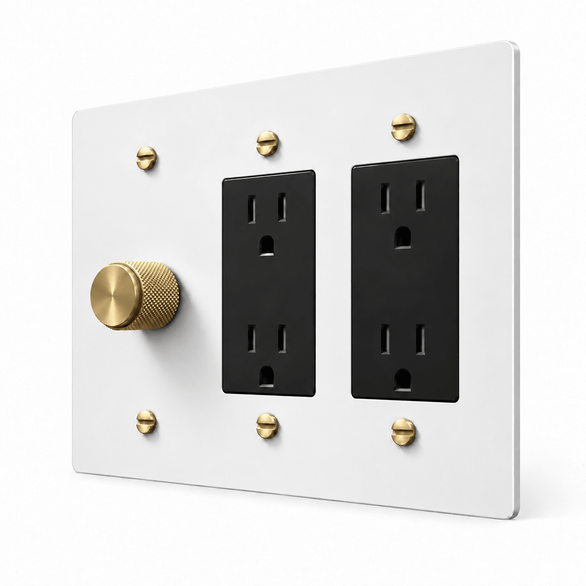 White / Brass 3-Gang Dimmer & 2 Duplex Outlets with brass controls and matching mounting screws