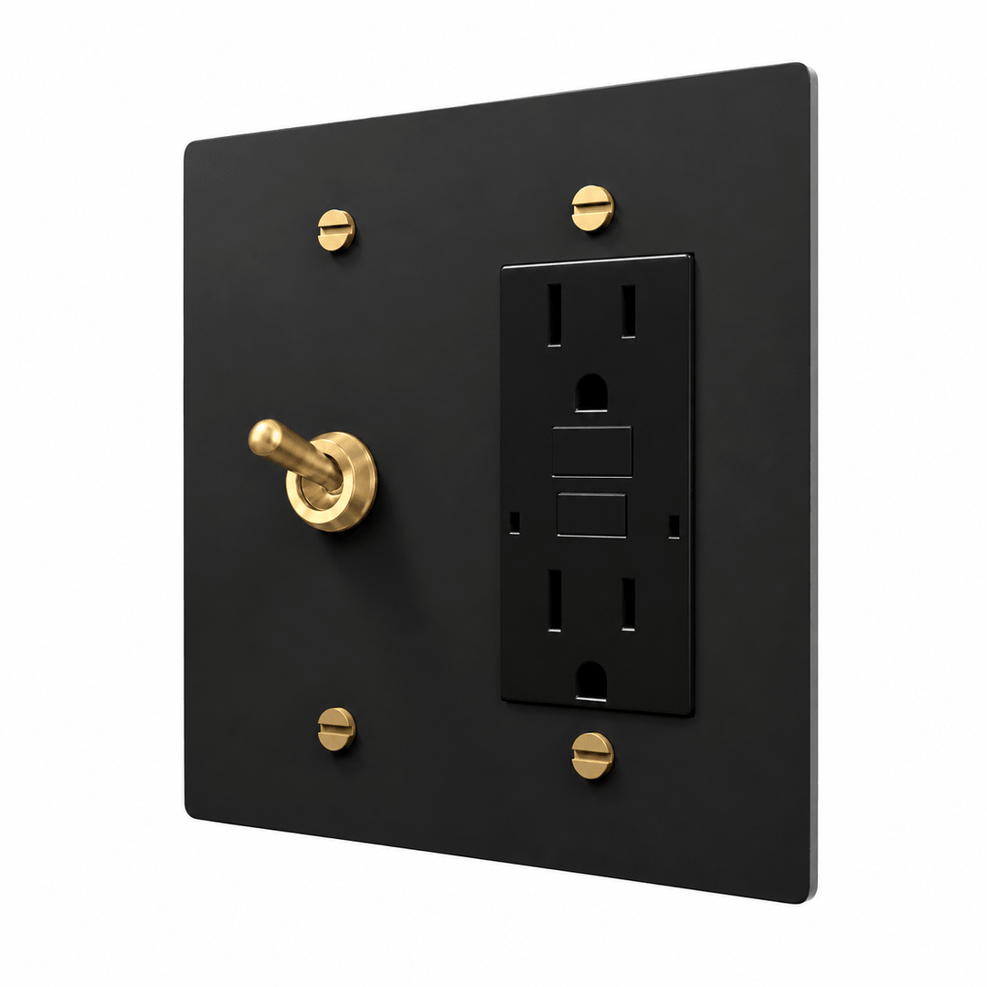 Black / Brass 2-gang retro toggle and GFCI outlet combination plate