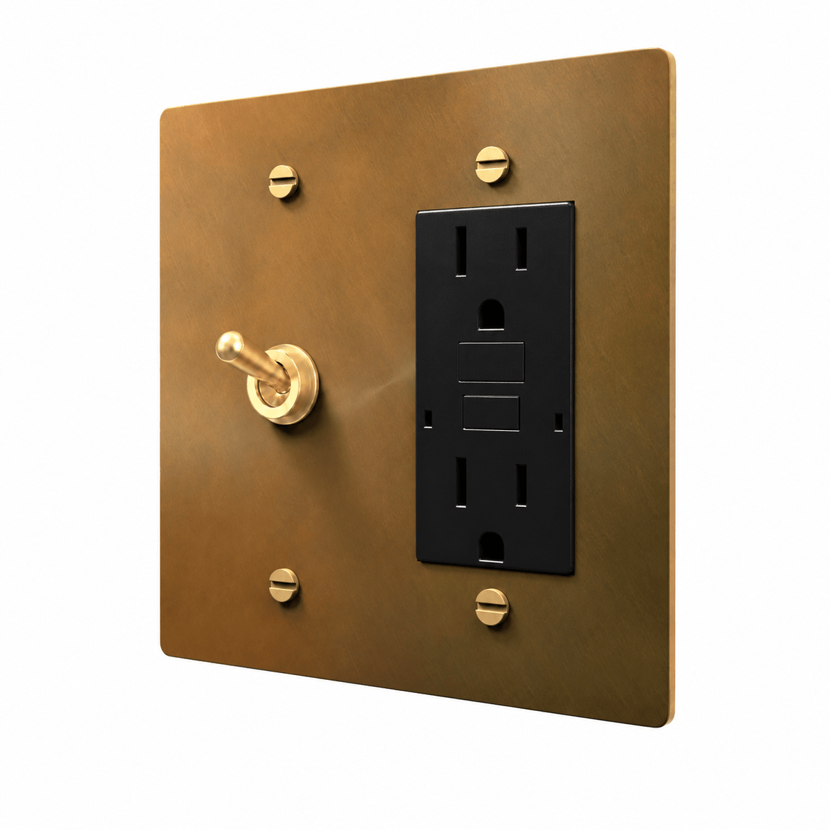 Unlacquered Aged brass 2-gang retro toggle and GFCI outlet combination plate