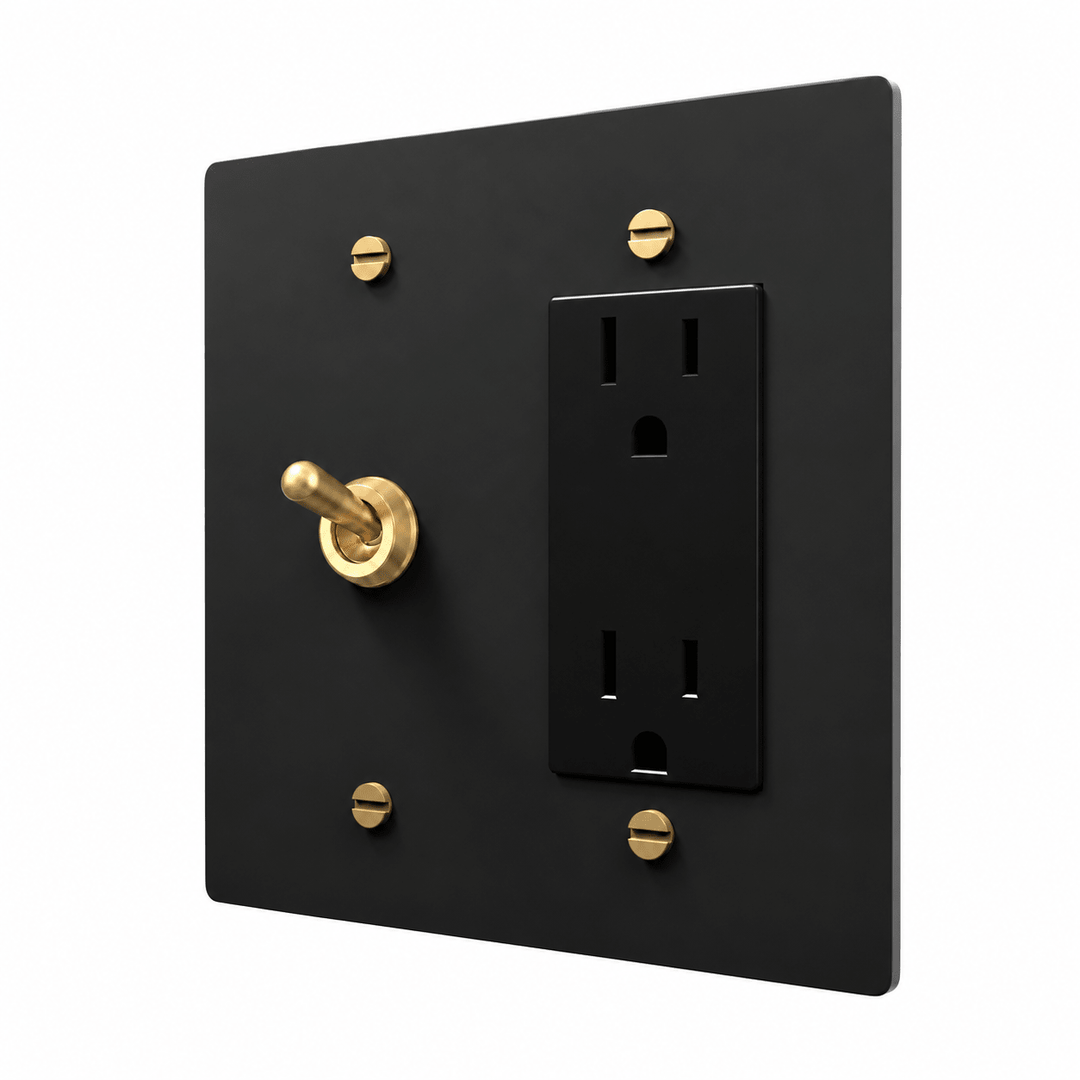 Black / Brass 2-gang retro toggle and Regular outlet combination plate