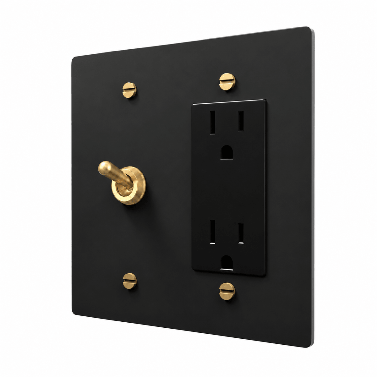 Black / Brass 2-gang retro toggle and Regular outlet combination plate